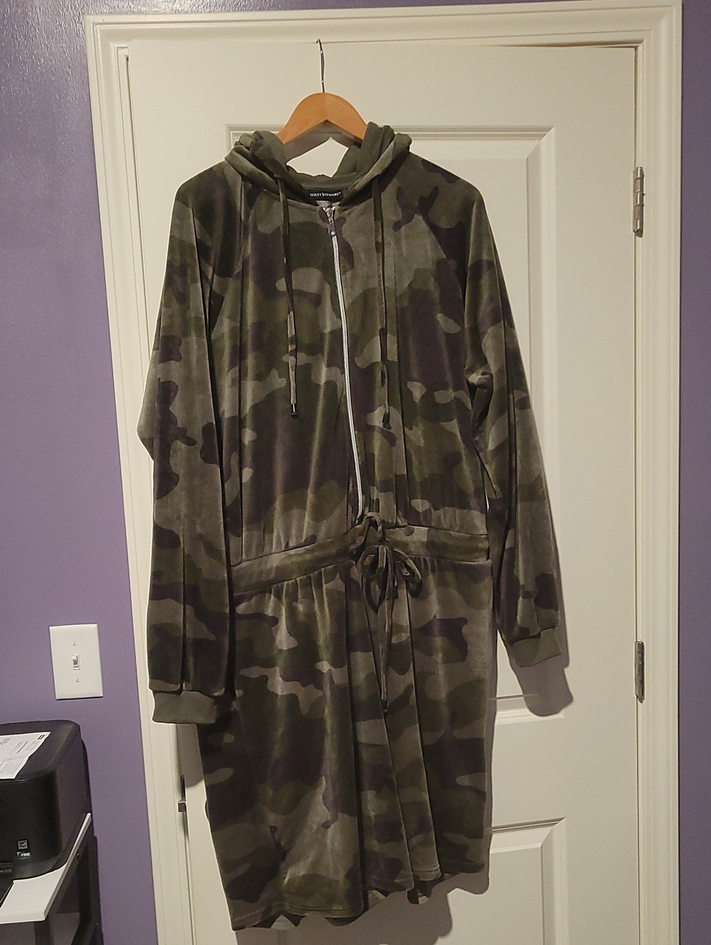 Ashley Stewart Olive and Gray Camo Hooded Zip Romper